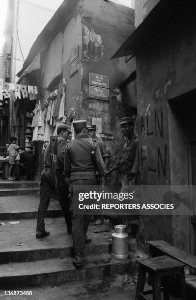 Algerian soldiers in the Kasbah on September 5, 1962 - Pro FLN And ALN Graffiti written on the walls in Algiers, Algeria.