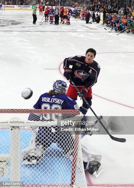 Zach Werenski of the Columbus Blue Jackets shoots against Andrei Vasilevskiy of the Tampa Bay Lightning in the Save Streak event during the 2022 NHL...