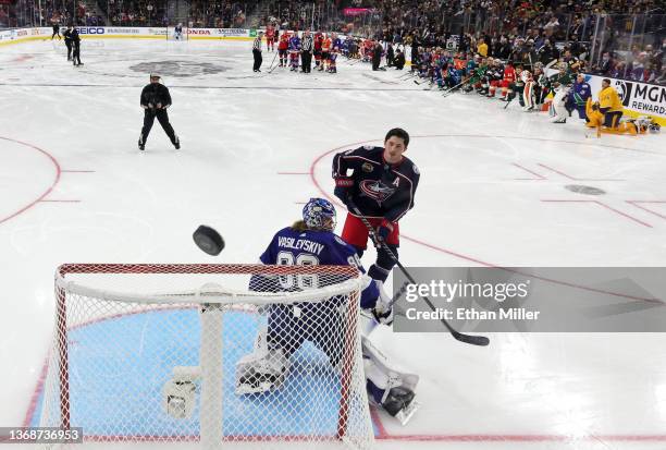 Zach Werenski of the Columbus Blue Jackets shoots against Andrei Vasilevskiy of the Tampa Bay Lightning in the Save Streak event during the 2022 NHL...