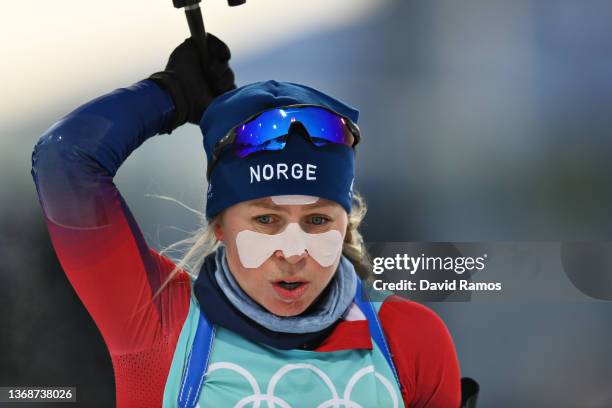 Tiril Eckhoff of Team Norway prepares to shoot during Mixed Biathlon 4x6km relay at National Biathlon Centre on February 05, 2022 in Zhangjiakou,...