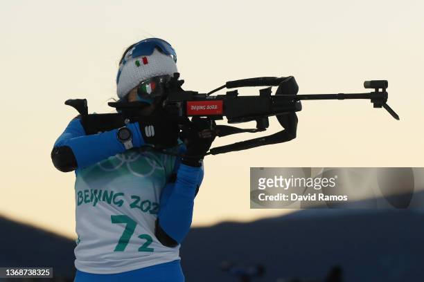 Dorothea Wierer of Team Italy shoots during Mixed Biathlon 4x6km relay at National Biathlon Centre on February 05, 2022 in Zhangjiakou, China.