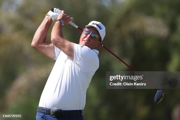 Phil Mickelson of The USA tees off the second hole during day three of the PIF Saudi International at Royal Greens Golf & Country Club on February...