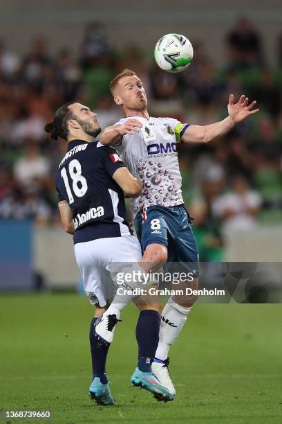 Oliver Bozanic of the Mariners controls the ball under pressure during the 2021 FFA Cup Final match between Melbourne Victory and Central Coast...
