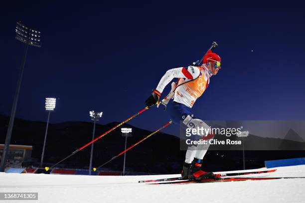 Mikulas Karlik of Team Czech Republic skis during Mixed Biathlon 4x6km relay at National Biathlon Centre on February 05, 2022 in Zhangjiakou, China.
