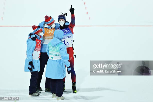 Team Norway celebrate after winning the Biathlon Mixed Relay 4x6km during Mixed Biathlon 4x6km relay at National Biathlon Centre on February 05, 2022...