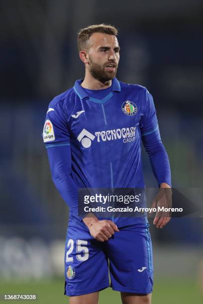 Borja Mayoral of Getafe CF reacts during the LaLiga Santander match between Getafe CF and Levante UD at Coliseum Alfonso Perez on February 04, 2022...