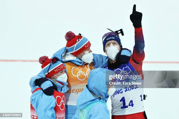 Team Norway celebrate after winning the Biathlon Mixed Relay 4x6km during Mixed Biathlon 4x6km relay at National Biathlon Centre on February 05, 2022...