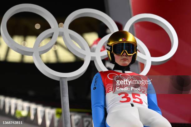 Silje Opseth of Team Norway looks on prior to jumping during Women's Normal Hill Individual Trial Round for Competition at National Ski Jumping...