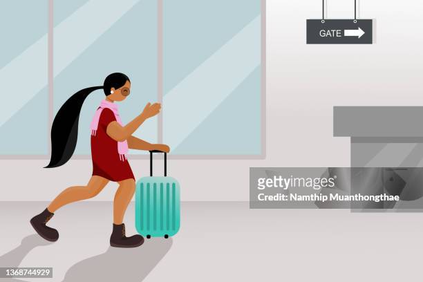 Traveling illustration concept shows a traveler woman is walking to the gate in airport for taking the airplane to travel to travel destination.