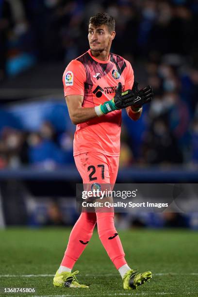 Diego Conde of Getafe looks on during the La Liga Santander match between Getafe CF and Levante UD at Estadio de Butarque on February 04, 2022 in...