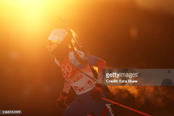 Uliana Nigmatullina of Team ROC skis during Mixed Biathlon 4x6km relay at National Biathlon Centre on February 05, 2022 in Zhangjiakou, China.
