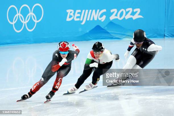 Kim Boutin of Team Canada, Petra Jaszapati of Team Hungary and Maame Biney of Team United States compete during the Women's 500m Heats on day one of...