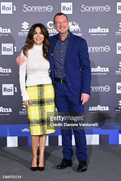 Sabrina Ferilli and Amadeus attend a photocall during the 72nd Sanremo Music Festival 2022 at Casinò on February 05, 2022 in Sanremo, Italy.