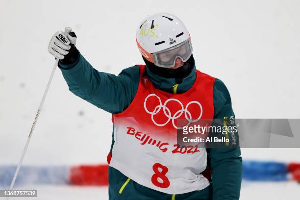 Brodie Summers of Team Australia reacts at the end of a run during the Men's Freestyle Skiing Moguls Final on Day 1 of the Beijing 2022 Winter...