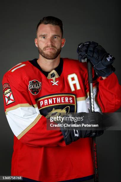 Jonathan Huberdeau of the Florida Panthers poses for a portrait before the 2022 NHL All-Star game at T-Mobile Arena on February 04, 2022 in Las...