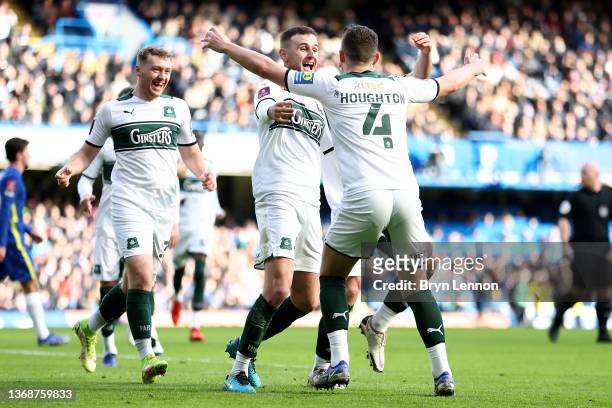 Macaulay Gillesphey of Plymouth celebrates after scoring his team's first goal of the game during the Emirates FA Cup Fourth Round match between...