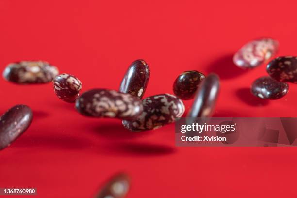 flower kidney bean flying in mid air in red background - bohne stock-fotos und bilder