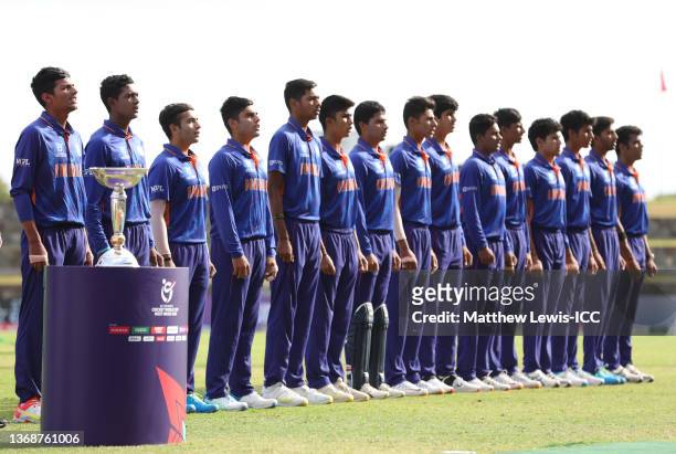 India's players line up for the national anthems during the ICC U19 Men's Cricket World Cup Final match between England and India at Sir Vivian...