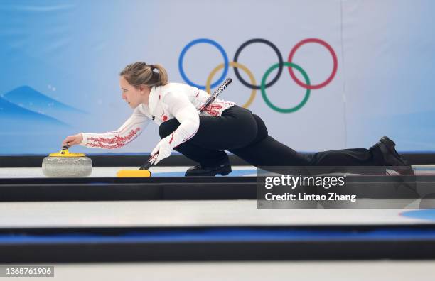 Rachel Homan of Team Canada competes against Team United States during the Curling Mixed Doubles Round Robin on Day 1 of the Beijing 2022 Winter...