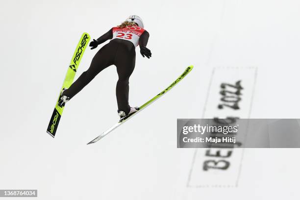 Frida Westman of Team Sweden jumps during Women's Normal Hill Individual Final Round at National Ski Jumping Centre on February 05, 2022 in...