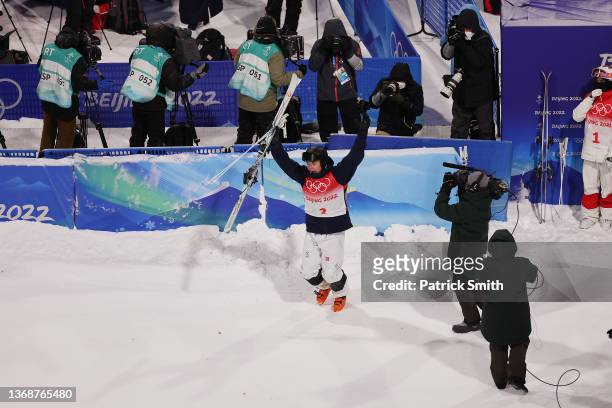 Walter Wallberg of Team Sweden celebrates winning the gold medal after the Men's Freestyle Skiing Moguls Final on Day 1 of the Beijing 2022 Winter...