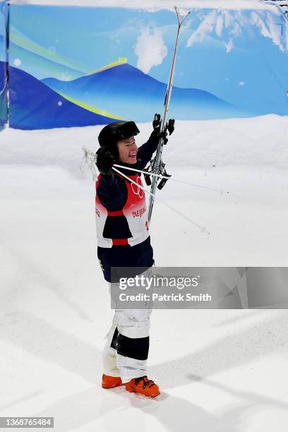 Walter Wallberg of Team Sweden celebrates winning the gold medal after the Men's Freestyle Skiing Moguls Final on Day 1 of the Beijing 2022 Winter...