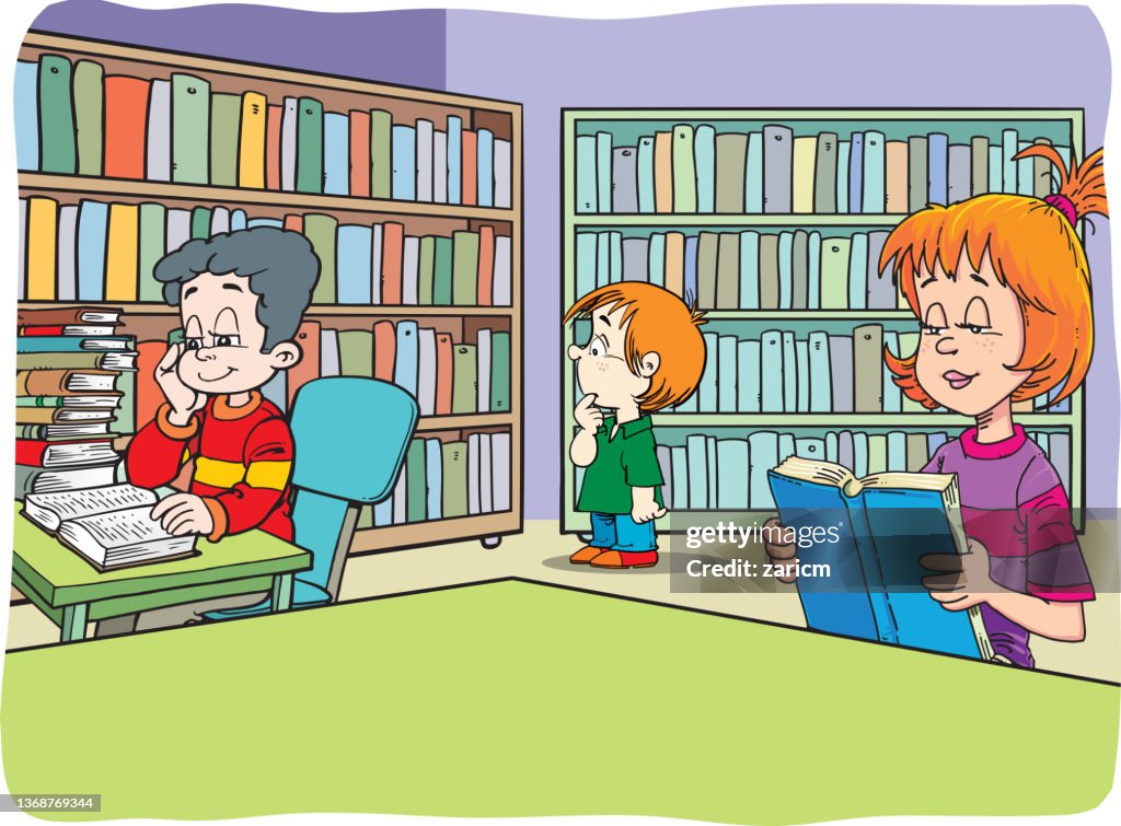 Cartoon Kids Studying In The Library High-Res Vector Graphic - Getty Images