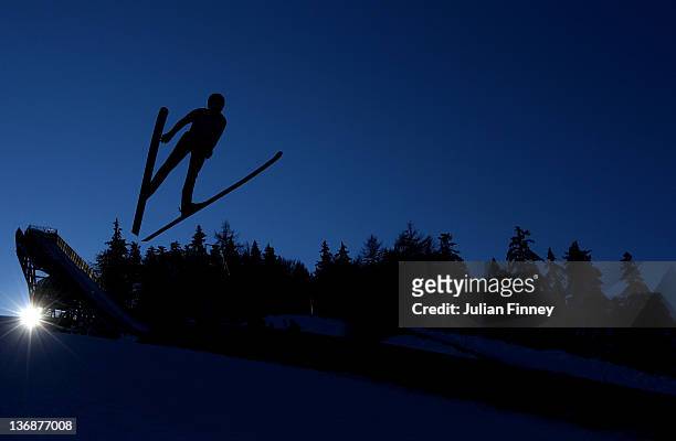 Karoline Roestad of Norway jumps in a Ski Jump practice during previews to the Winter Youth Olympic Games on January 12, 2012 in Seefeld, Austria.