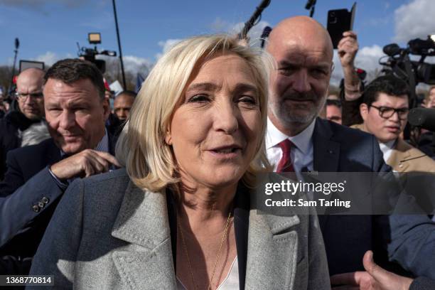 Presidential candidate Marine La Pen meets supporters at a meeting to launch her presidential campaign on February 5, 2022 in Reims, France. This is...