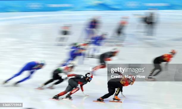 Ziwei Ren of Team China competes during the Mixed Team Relay Final A on day one of the Beijing 2022 Winter Olympic Games at Capital Indoor Stadium on...