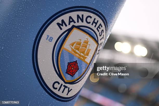 Detailed view of the Manchester City logo prior to the Emirates FA Cup Fourth Round match between Manchester City and Fulham at Goodison Park on...