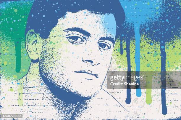 portrait of young man looking at camera - street art style - stencil stock illustrations