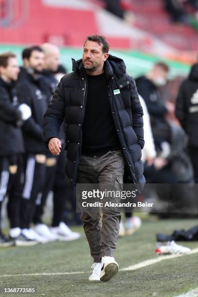 Markus Weinzierl, Head Coach of FC Augsburg looks on prior to the Bundesliga match between FC Augsburg and 1. FC Union Berlin at WWK-Arena on...