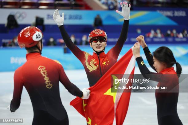 Ziwei Ren of Team China celebrates after winning the Mixed Team Relay Final A on day one of the Beijing 2022 Winter Olympic Games at Capital Indoor...