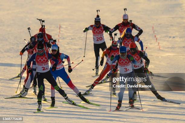 Athletes ski during Mixed Biathlon 4x6km relay at National Biathlon Centre on February 05, 2022 in Zhangjiakou, China.