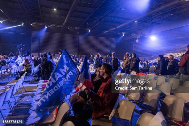 Supporters of presidential candidate Marine La Pen attend the launch of her presidential campaign on February 5, 2022 in Reims, France. This is the...