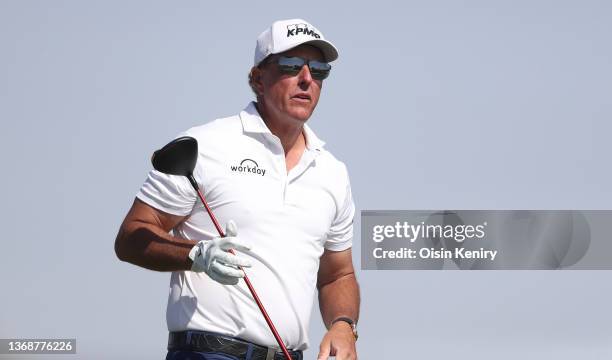 Phil Mickelson of The USA tees off the 14th hole during day three of the PIF Saudi International at Royal Greens Golf & Country Club on February 05,...