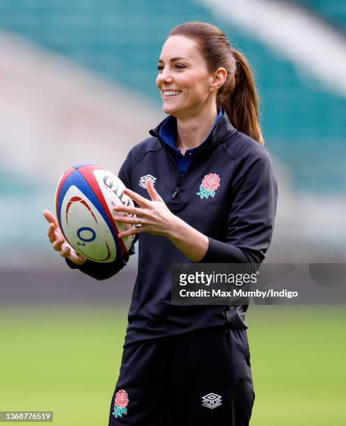 Catherine, Duchess of Cambridge takes part in an England rugby training session, after becoming Patron of the Rugby Football Union at Twickenham...