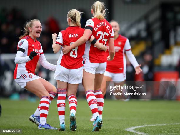 Stina Blackstenius of Arsenal celebrates with team mates after scoring her team's first goal of the game during the Barclays FA Women's Super League...