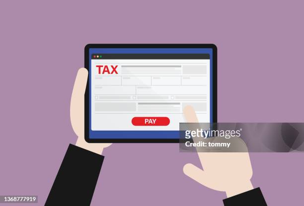 ilustrações de stock, clip art, desenhos animados e ícones de businessman pays tax via an online platform - filing documents