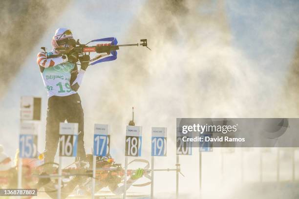 Clare Egan of Team United States warms up on the range prior to the Mixed Biathlon 4x6km relay at National Biathlon Centre on February 05, 2022 in...
