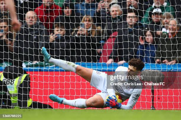 Kepa Arrizabalaga of Chelsea saves a penalty from Ryan Hardie of Plymouth Argyle during the Emirates FA Cup Fourth Round match between Chelsea and...