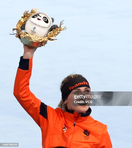 Gold medalist Irene Schouten of Team Netherlands poses during the Women's Speed Skating 3000m flower ceremony on day one of the Beijing 2022 Winter...