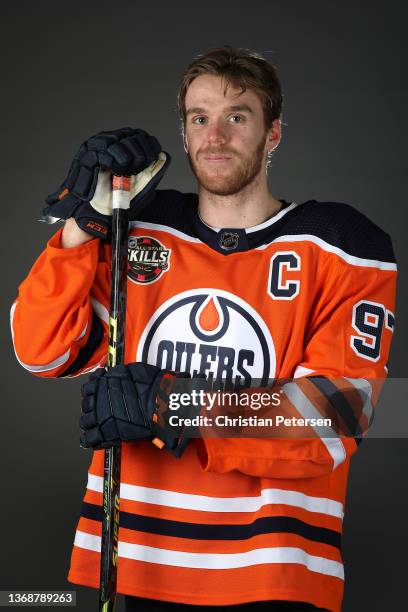 Connor McDavid of the Edmonton Oilers poses for a portrait before the 2022 NHL All-Star game at T-Mobile Arena on February 04, 2022 in Las Vegas,...