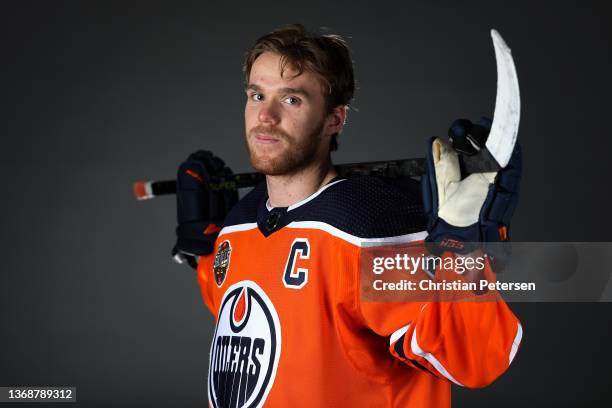 Connor McDavid of the Edmonton Oilers poses for a portrait before the 2022 NHL All-Star game at T-Mobile Arena on February 04, 2022 in Las Vegas,...