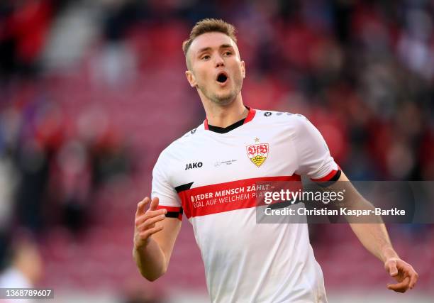 Saša Kalajdžić of VfB Stuttgart celebrates after he heads the equalizing goal during the Bundesliga match between VfB Stuttgart and Eintracht...