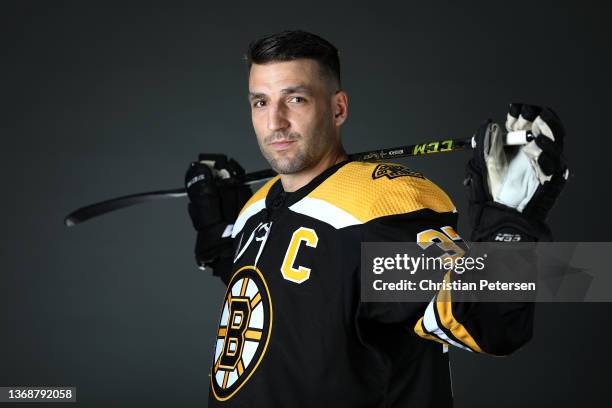 Patrice Bergeron of the Boston Bruins poses for a portrait before the 2022 NHL All-Star game at T-Mobile Arena on February 04, 2022 in Las Vegas,...