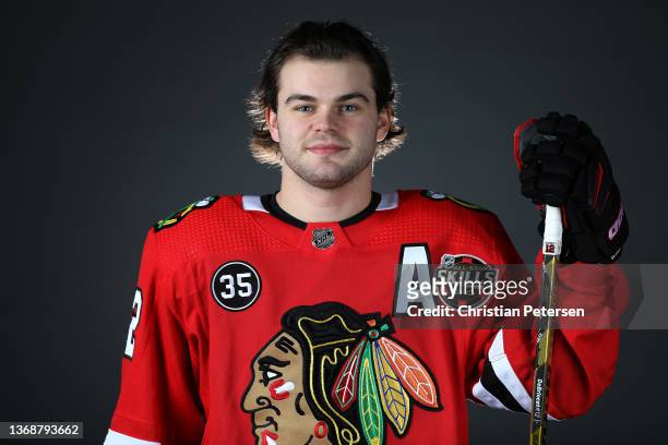 Alex DeBrincat of the Chicago Blackhawks poses for a portrait before the 2022 NHL All-Star game at T-Mobile Arena on February 04, 2022 in Las Vegas,...