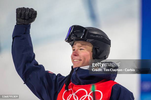 February 05: Walter Wallberg of Sweden celebrates after winning the gold medal in the Moguls Final for Men at the Genting Snow Park during the...