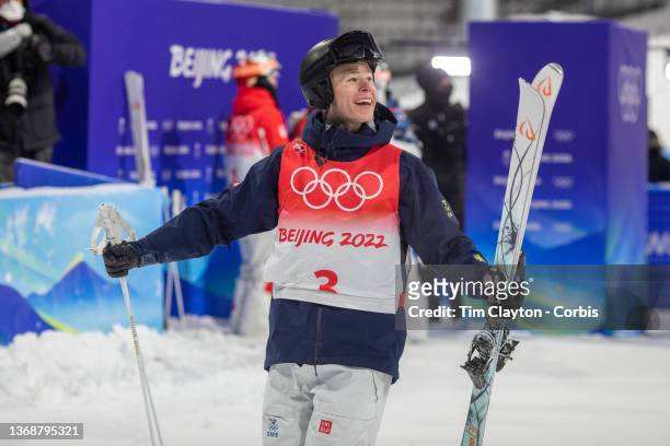 February 05: Walter Wallberg of Sweden reacts after winning the gold medal in the Moguls Final for Men at the Genting Snow Park during the Beijing...